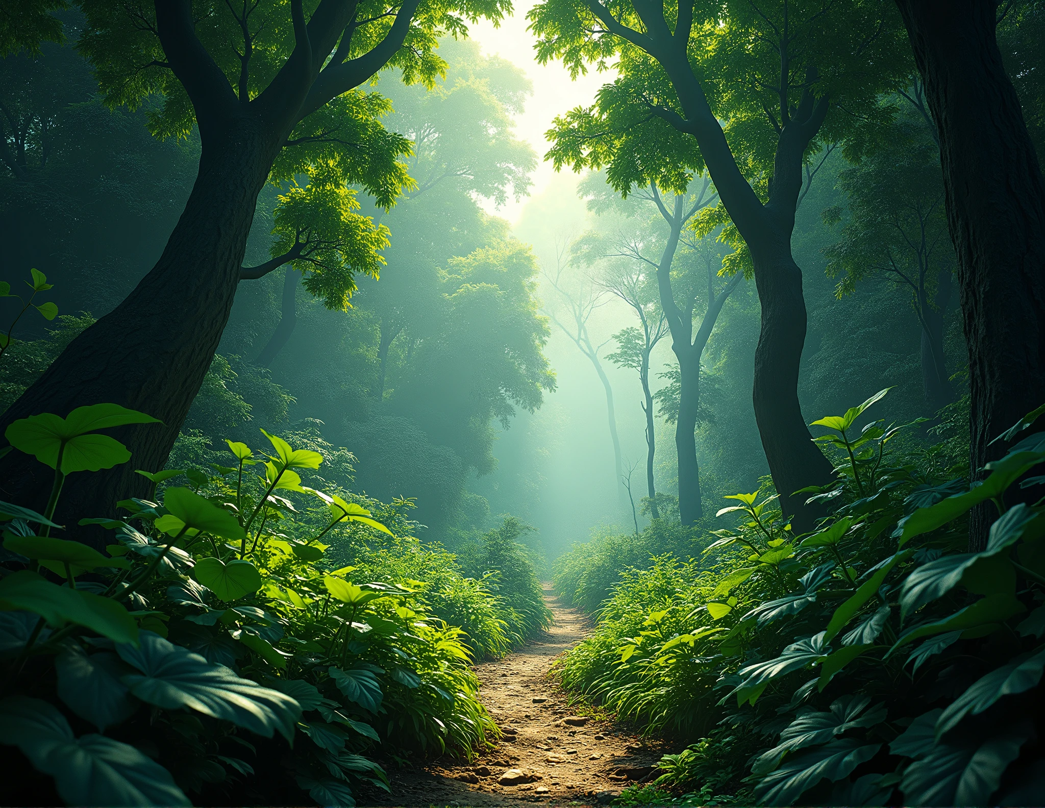 /imagine prompt: hiperrealistic jungle, lush green foliage, hidden path, heart-shaped leaves, cinematic lighting, 8k, --ar 3:2