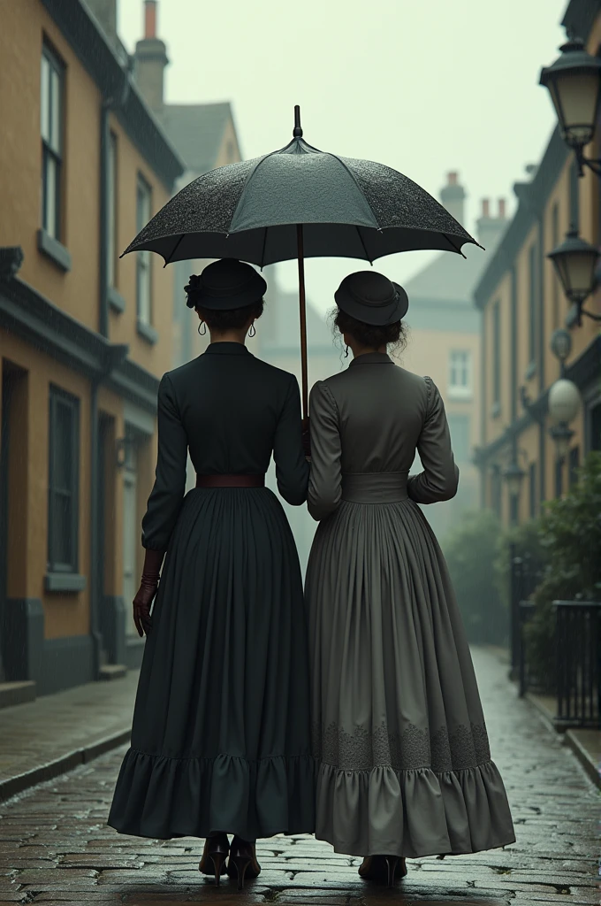 Women from behind with umbrella in England era