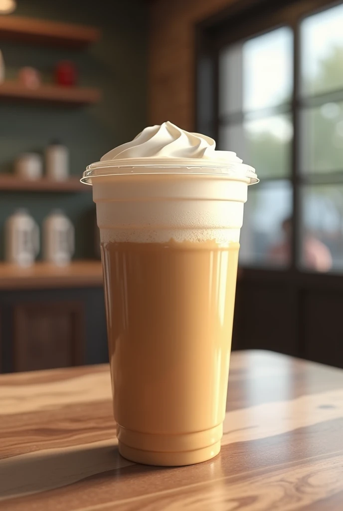 Realistic ordinary ice latte in plastic cup on the table of the coffee shop with no people around, close up