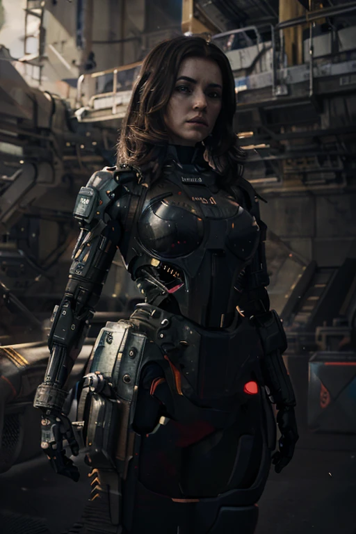 a chubby woman, android, battle machine, pale human face, short dark brown hair, full body, standing, robotic body, (best quality, 4k, 8k, high resolution, masterpiece: 1.2), ultra-detailed, (realistic , photorealistic, photorealistic: 1.37), highly detailed face, intricate mechanical details, advanced robotics, dynamic pose, cinematic lighting, dark and moody atmosphere, science fiction, cyberpunk, outer space