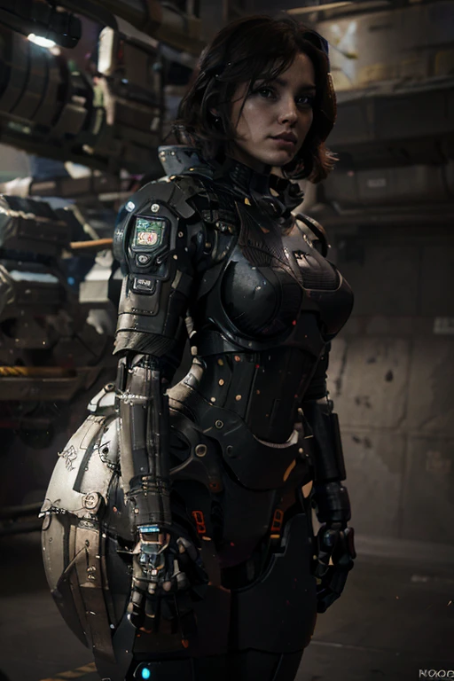 a chubby woman, android, battle machine, pale human face, short dark brown hair, full body, standing, robotic body, (best quality, 4k, 8k, high resolution, masterpiece: 1.2), ultra-detailed, (realistic , photorealistic, photorealistic: 1.37), highly detailed face, intricate mechanical details, advanced robotics, dynamic pose, cinematic lighting, dark and moody atmosphere, science fiction, cyberpunk, outer space