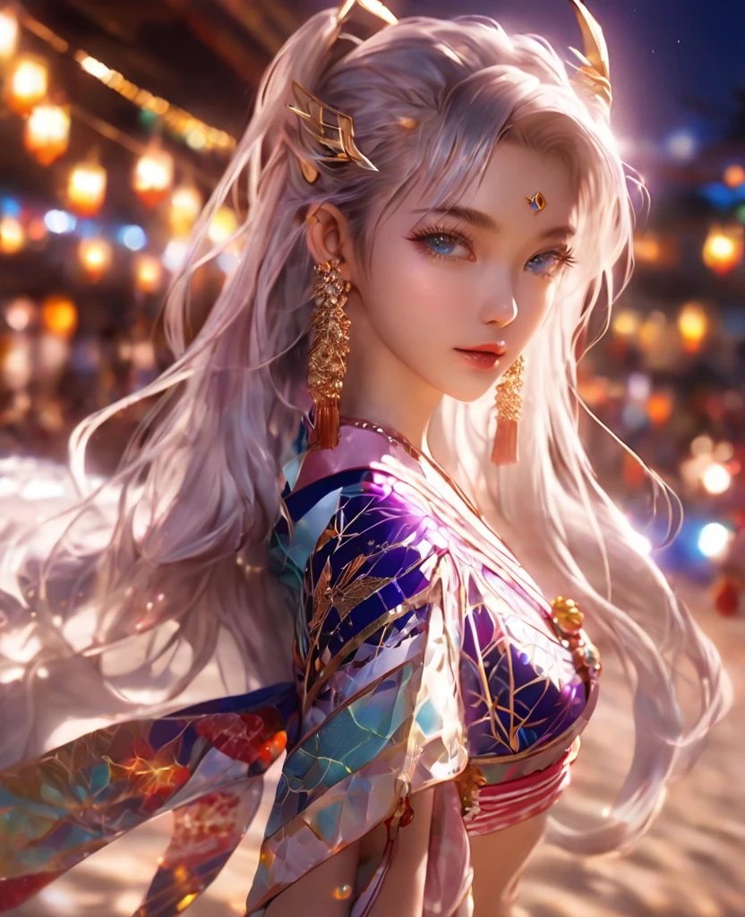 8K,an extremely delicate and beautiful,Beautiful and realistic skin,full body,Shiny jewel-like earrings,like glitter silver hair,beautiful blue eyes,bikini,jeans,asian cute girl,carrying jewels in hand