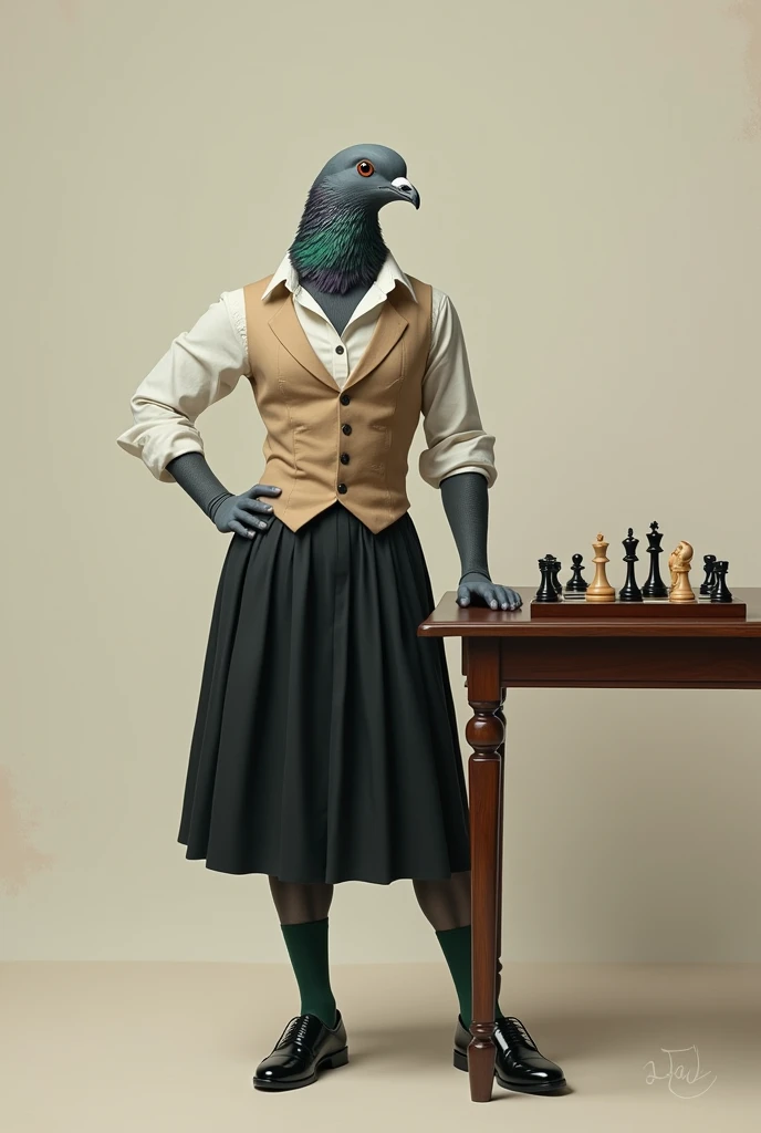 ((Highest quality)), ((masterpiece)), (detailed), A grey female pigeon wearing an off-white collared short-sleeved shirt, a light brown vest, a knee-length black skirt, dark green socks and black shoes,((Tilt your head)),Playing chess at the table,Muscular grey female pigeon,Photorealistic images。