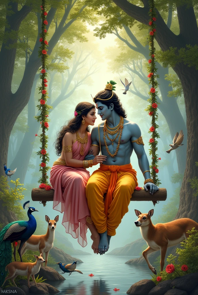 Hindu god Krishna seating on swing with Radha and animals like peacocks and dear etc and birds with Radha with a beautiful greenery . Krishna flute a music with his beautiful instrument
