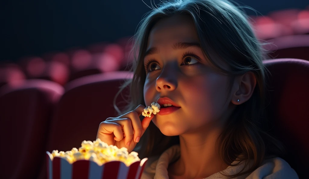 a girl is in cinema with eating popcorn