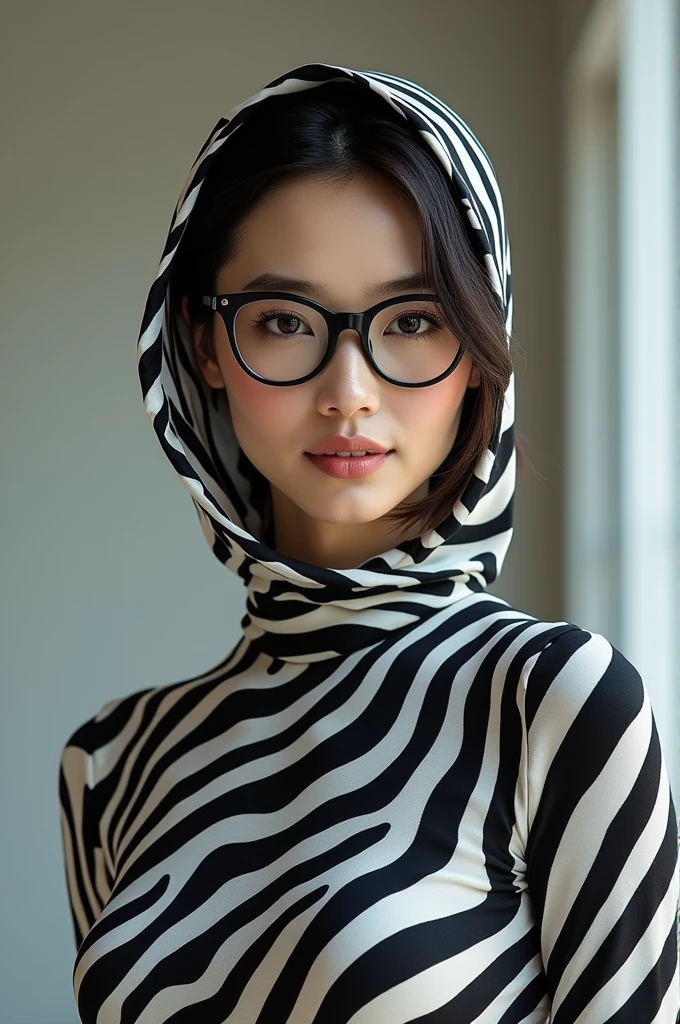 a most beautiful Chinese woman named Tiaw Li Yin with a pair of glasses wears zebra print turtleneck unitard catsuit.She always wear zebra print dancewear hijab-like hood covered with stripes.
