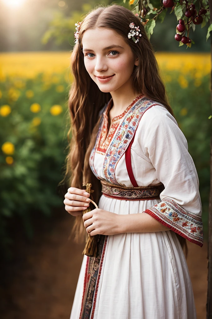 Fine art photography, (amateur photo), (analog photo:1.2,film grain),(a skinny village peasant young woman wearing with traditional national ethnic lace dress in cherry garten,long hair,light smile,posing fashion magazine,dof,bokeh),vivid colours,realistic,photographic, (natural colors, correct white balance, color correction, dehaze,clarity), background rich in details, conceptual image,masterpiece, award winning photography