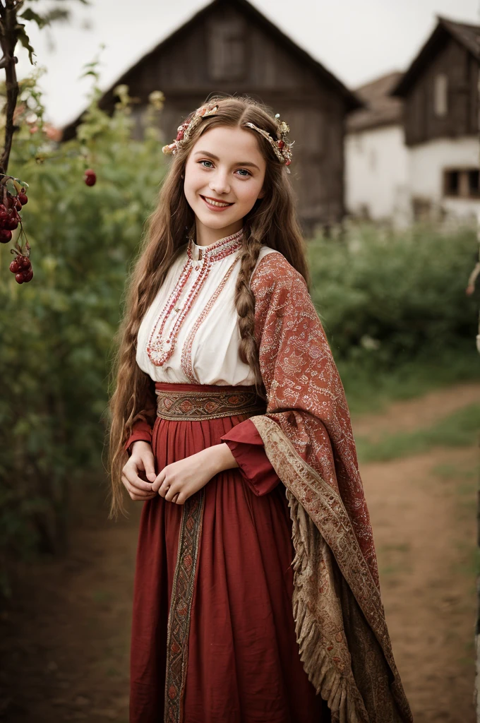 Fine art photography, (amateur photo), (analog photo:1.2,film grain),(a skinny village peasant young woman wearing with traditional national ethnic lace dress in cherry garten,long hair,light smile,posing fashion magazine,dof,bokeh),vivid colours,realistic,photographic, (natural colors, correct white balance, color correction, dehaze,clarity), background rich in details, conceptual image,masterpiece, award winning photography