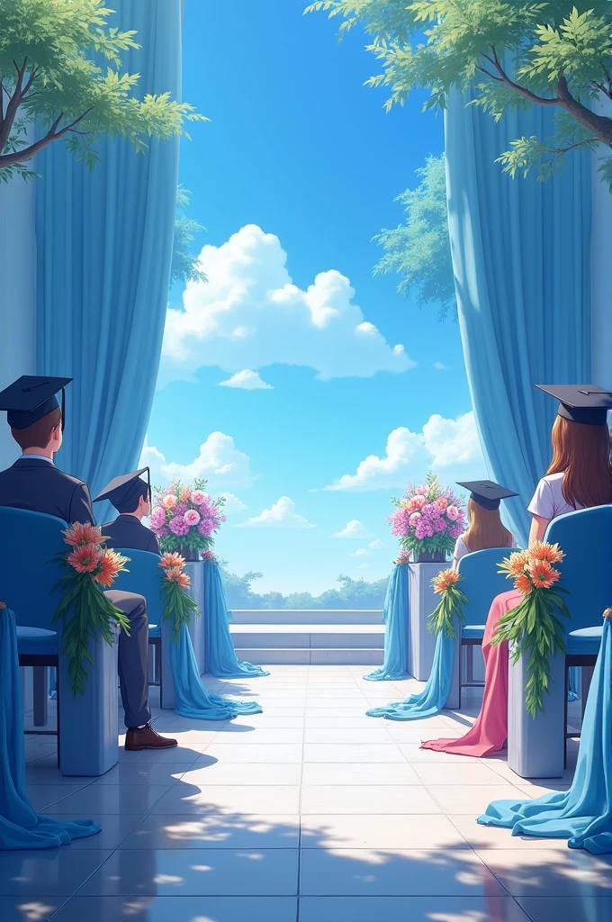 Create a background for the meal with blue fabrics, pedestals with flowers, and a path arrangement with students wearing caps in the stands 