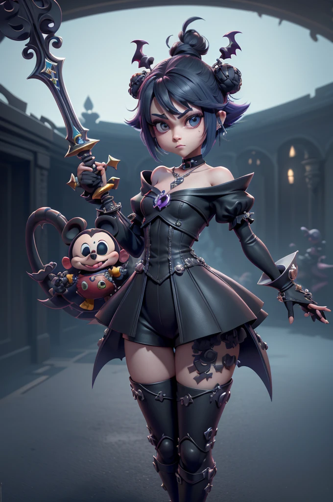 monstros estilos kingdom hearts, baseados em animais,3d style, shadown monster, demons, darkness monster, rayman legends, mickey mouse character style, girl and body, kingdom hearts, malhas leves e quentinhas, cores frias e alegres, portando espada magica, dark mouse in around, (raytrace)