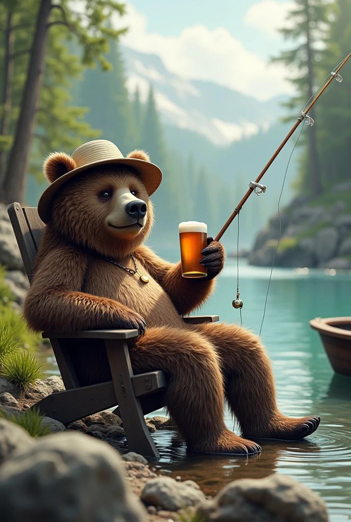 A fishing bear with his fishing rod, well defined:1.3, sitting on a chair by a river, holding a fishing rod, drinking a beer, wearing a bucket hat, boat nearby, surrounded by a forest and rocks, extremely detailed, funny, satirical surreal scene.