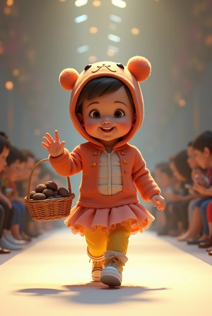 Create a scene where an adorable baby is dressed in a fancy dress costume and carrying a basket of brigadeiros and the other hand is waving, and walks confidently down the catwalk, smiling, showing off his ultra-realistic fashion sense. camera in motion