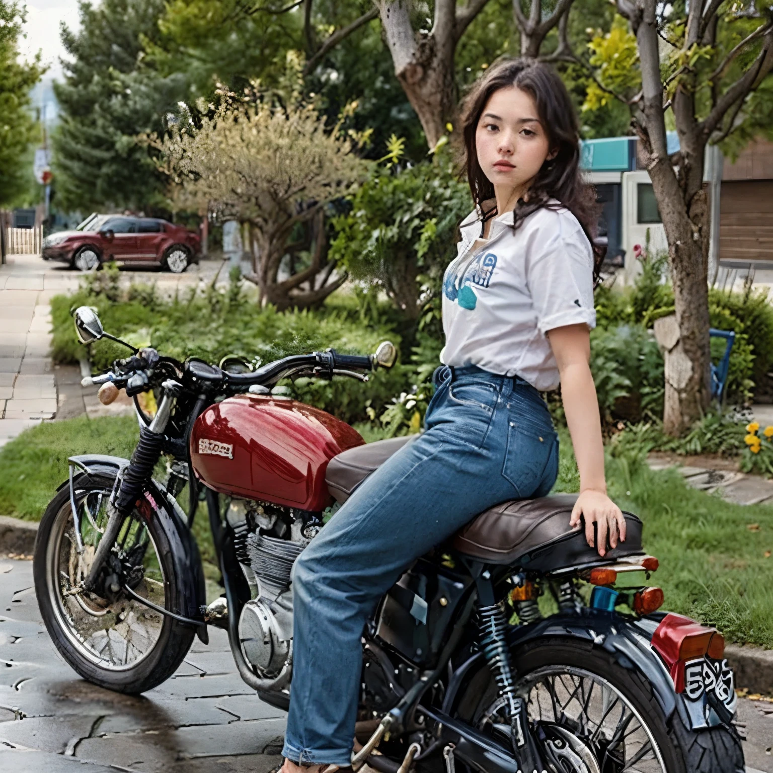(masterpiece, Highest quality:1.2), A girl straddles a bike, alone,