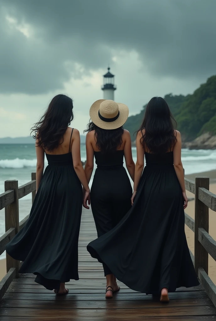 cinematic a 3 curvy asian woman with wavy black hair, wearing a beach hat, wearing a long black dress walking on a wooden bridge, looking at the beautiful beach and lighthouse, dark clouds