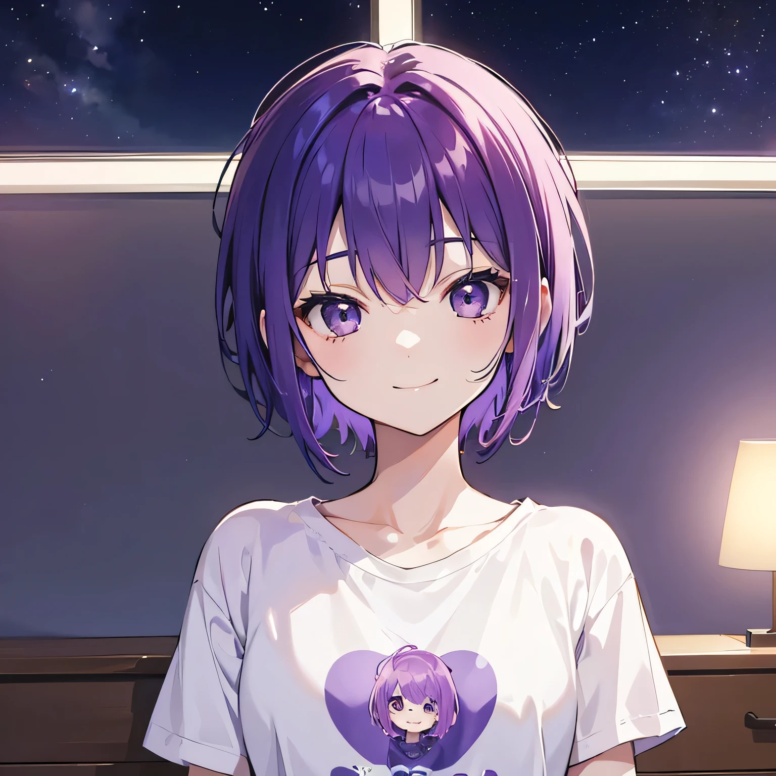 (T Masterpiece,4K wallpaper,Best Quality))、((1people))、(solo)、Bright and Brilliant,(Purple Hair)、(short hair:1.3)、smile、Bedroom、T-Shirts、night