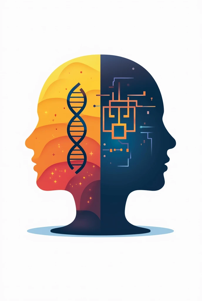 Generate a logo on a white background with a 2-sided human head, On one side there is a DNA sequence and on the other side there is a computer chip., use the yellow colors, blue and red