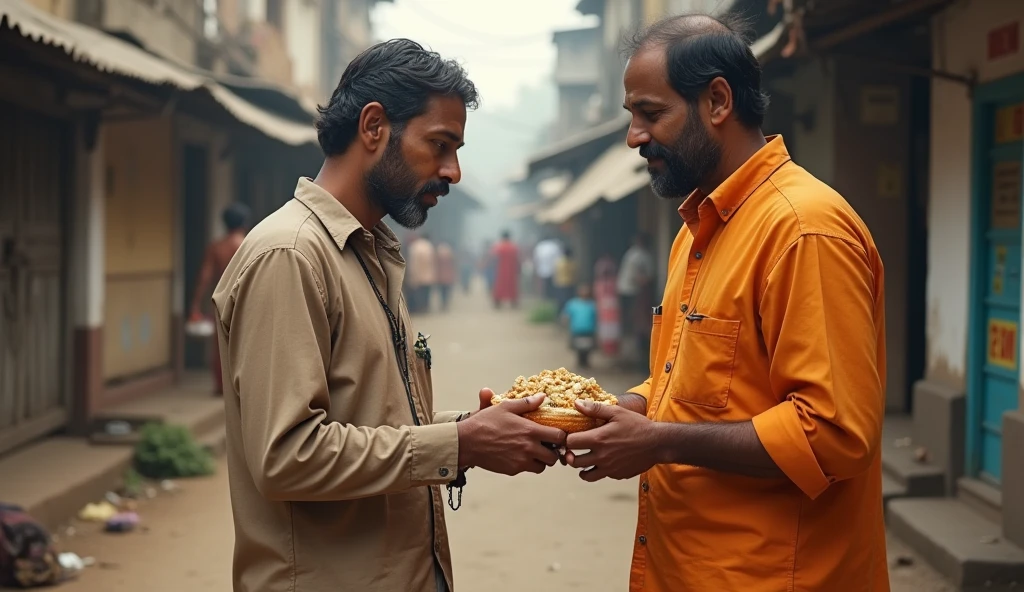 A kind hearted comon man helping the people. Giving food to a poor man. Indian