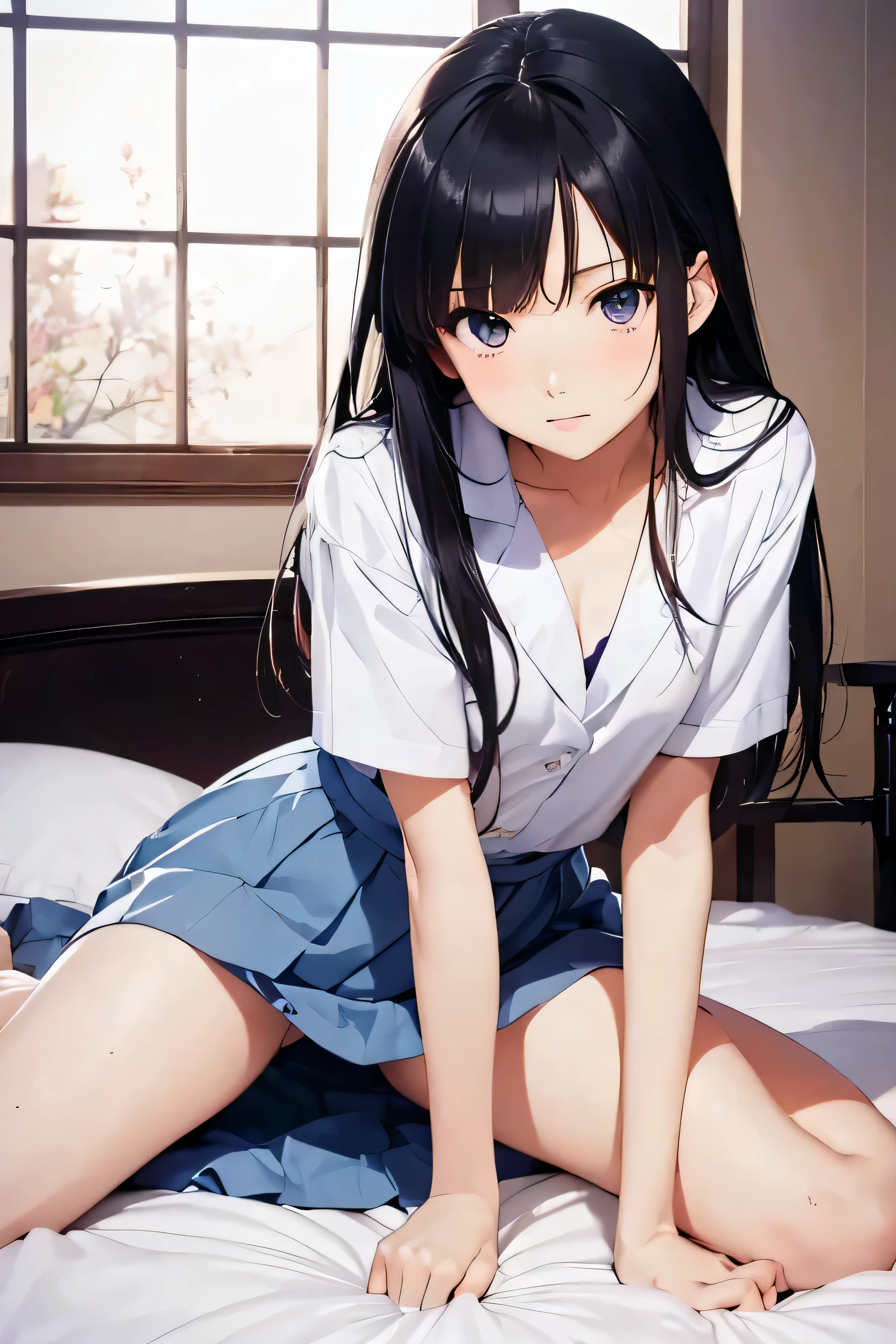 ((Highest quality)), ((anime)), (Perfect Face),(Small breasts),Perfect Fingers,Gentle expression,Beautiful face,,bed,Thin arms,Skinny,Black Hair,Thin legs,Nipples,Pussy,Sisters
