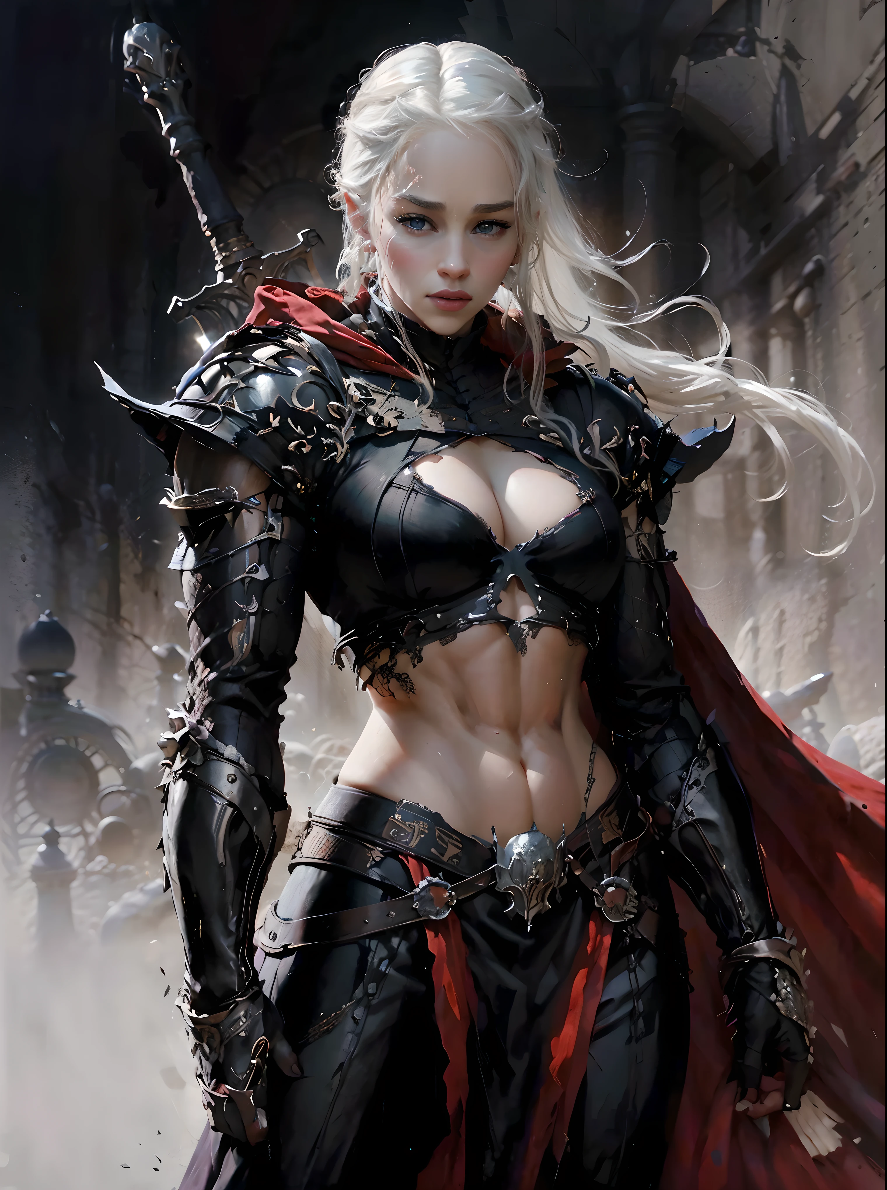 Deanerys Targaryen，silver hair muscular woman, Lady Knight，anatomical correct，epic fantasy digital art，Masterpiece artwork，8K，high definition resolution，detailed drawing，Quality Superior，, Epic composition, muscular body