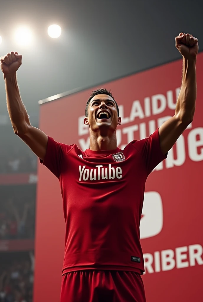 Ronaldo celebrate Siuuu celebration for 50M you tube subscriber, he wore plane red tshirt with a YouTube logo 
.. & there ar 50Milion subscriber complete banner..
