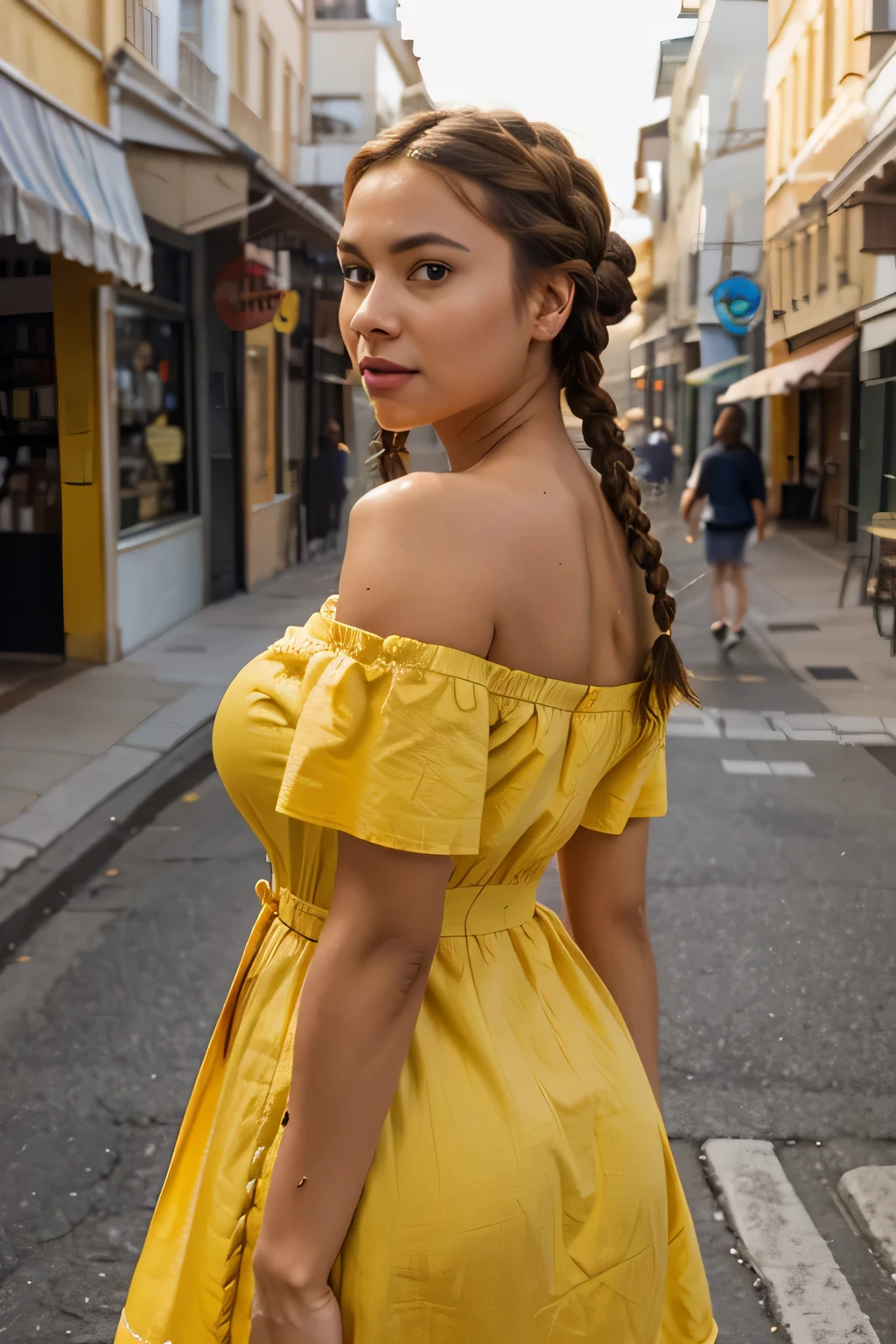 Woman posing on a street corner in an orange dress, Best Quality, 1girl, big breastes, Day, Bright, background blur, bokeh, En plein air, (Street:0.8), (people, Crowd:0.8), (off shoulder dress:1.2), Gorgeous, (Braided bangs:1.2), beautiful detailed sky, (dynamicpose:1.2), soft-lighting, the wind, sparkly skin, (upper-body:0.8), (freckles:0.8), mole under the mouth,