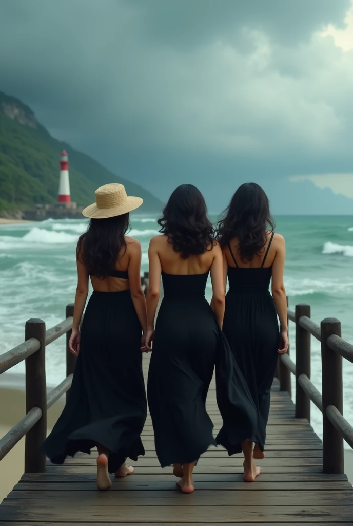 cinematic a 3 curvy asian woman with wavy black hair, wearing a beach hat, wearing a long black dress walking on a wooden bridge, looking at the beautiful beach and lighthouse, dark clouds