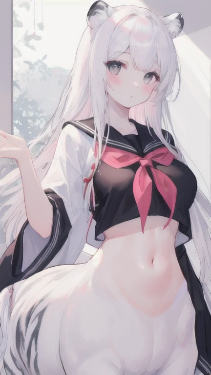 (best quality, masterpiece), 1 girl, centaur, I beg, White skin, Japanese schoolgirl,daughter,black pink, exposing the abdomen, belly button t-shirt , beautiful girl perfect, White tiger photo, 완벽한 White tiger photo
