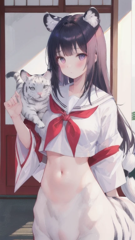 (best quality, masterpiece), 1 girl, centaur, I beg, White skin, Japanese schoolgirl,daughter,black pink, exposing the abdomen, belly button t-shirt , beautiful girl perfect, White tiger photo, 완벽한 White tiger photo