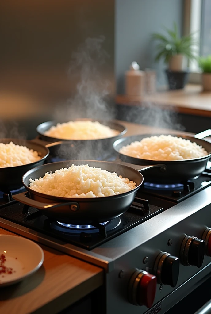 4-burner stove, with 4 pans full of rice on each of the burners