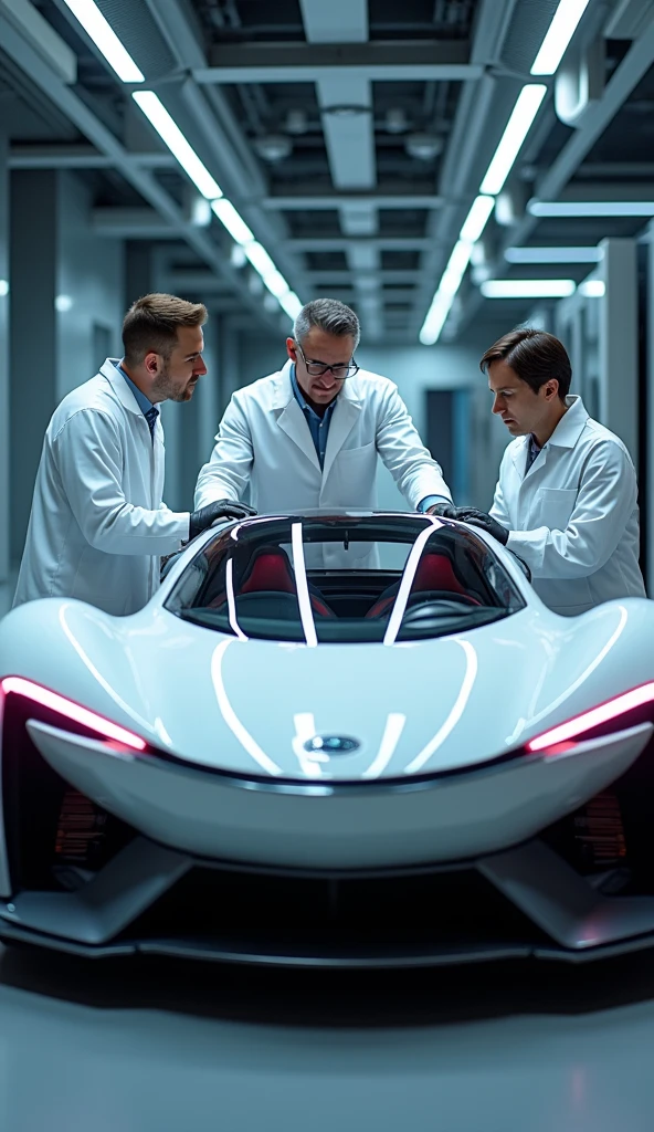 image of 3 scientists analyzing a car of the future quality,8k