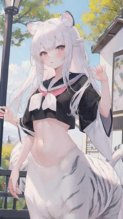 (best quality, masterpiece), 1 girl, centaur, I beg, White skin, Japanese schoolgirl,daughter,black pink, exposing the abdomen, belly button t-shirt , beautiful girl perfect, White tiger photo, 완벽한 White tiger photo