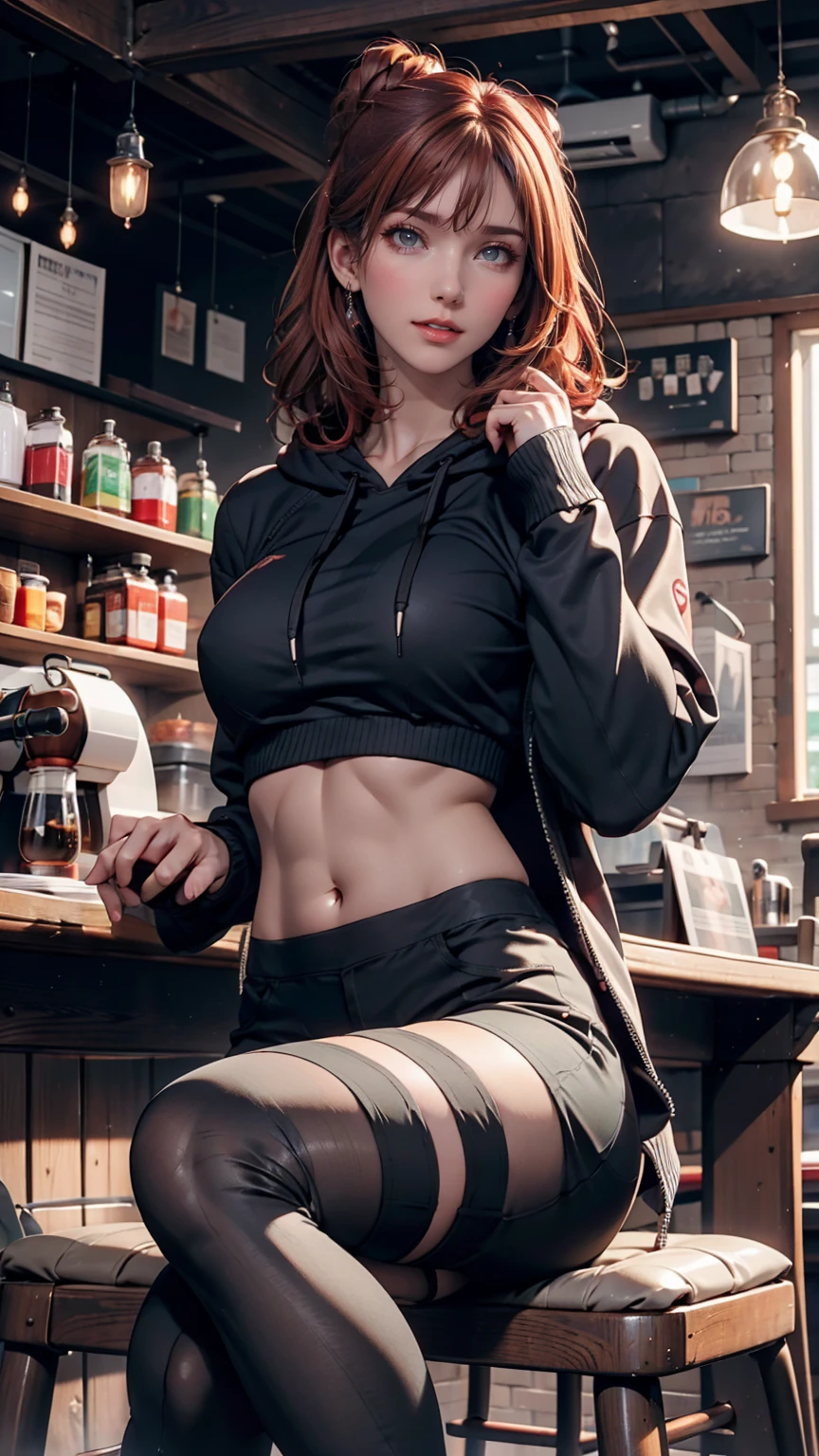 1 person, Redhead, Updo, He has hair growing in streaks on his face., Red eyes, mascara, Oversized hoodie, abdomen, hot pants, tights, laced tights, Sagging under the eyes, Sitting, coffee shop, Ground angle shot, Viewers looking up, feet in tights,  Saggy breasts, impact, RAW Photos, 8k, masterpiece,