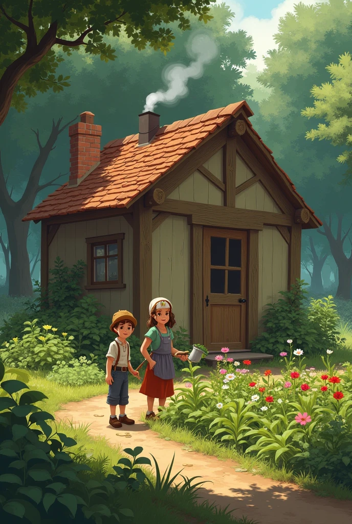 Lexi and Mara’s Home: Picture a modest, quaint house at the edge of a dense forest, with a small garden tended by Lexi and his mother. The house is simple but warm, with smoke gently rising from a chimney. Lexi, a young boy with a hopeful expression, and Mara, a hardworking woman with a caring demeanor, are working together in