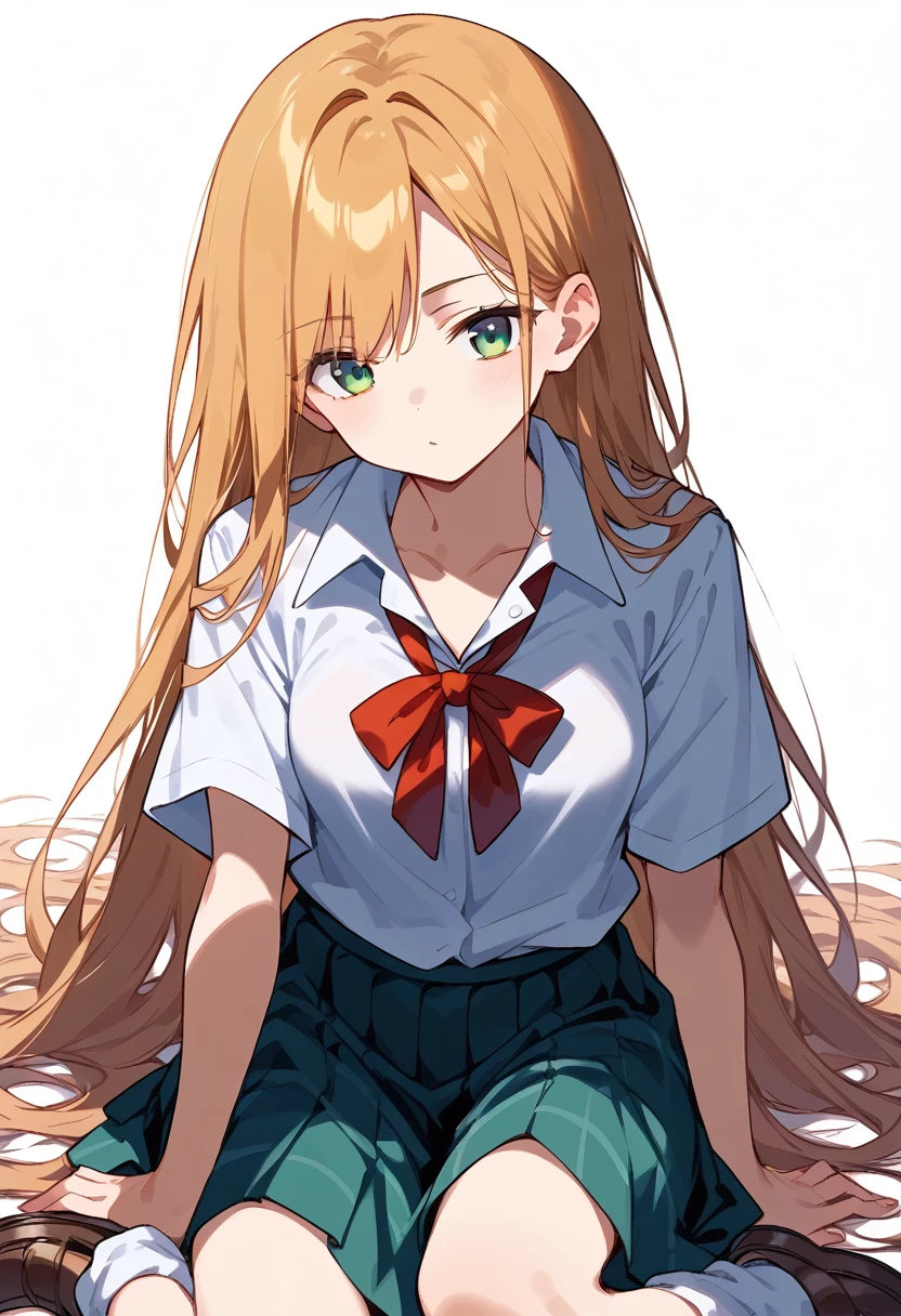 masterpiece, (score_9,score_8_up,score_7_up,score_6_up), 1 girl, green eyes, little sassy, bitch / cockslut / whore, skinny, tsurime, asymmetrical bangs, long hair, (blond hair:1.3), (school uniform), (white collared shirt, plain pattern shirt, short sleeves, shirt tucked in:1), (red plain pattern narrow neck ribbon:1.2), brown loafers, white loose socks, indian style,chibi only,chibi,