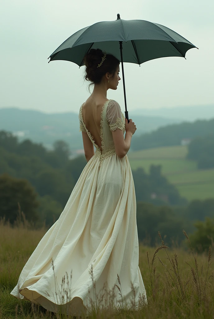  1 Women from behind with umbrella and wearing dress in England era