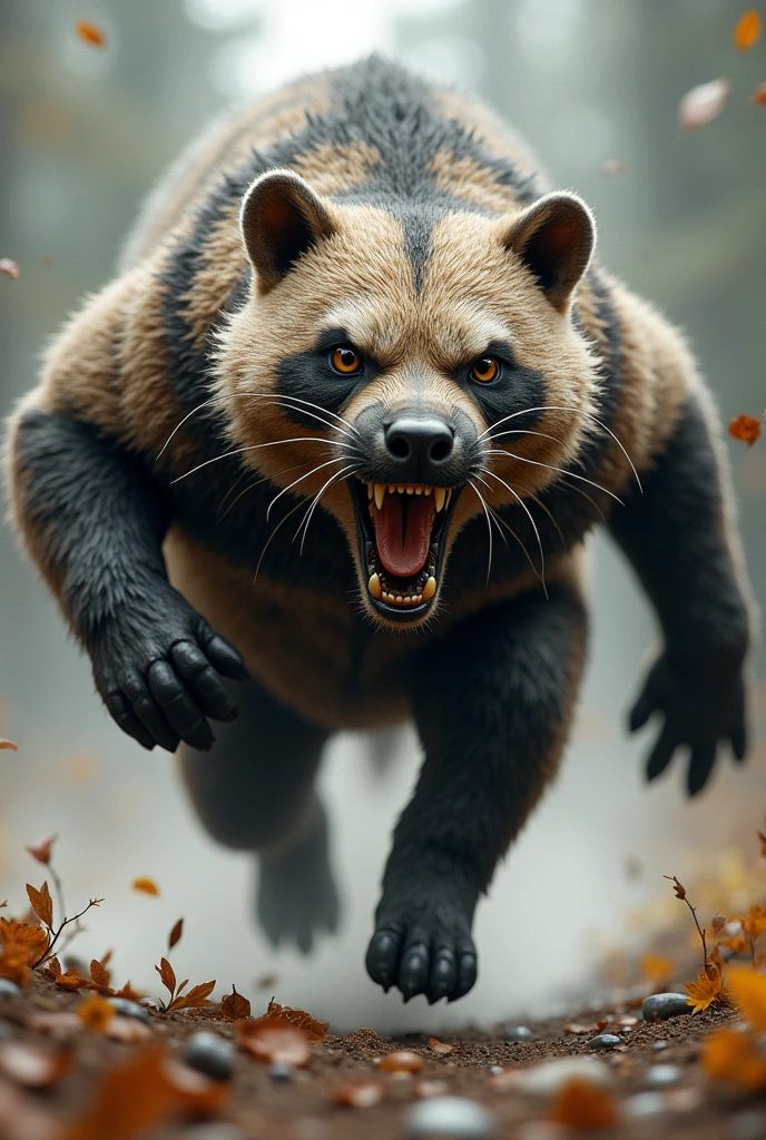 An animal that is a mix of a dog, a cat, a weasel and a badger.、Huge body、Running towards the front、
