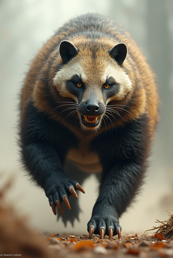 An animal that is a mix of a dog, a cat, a weasel and a badger.、Huge body、Running towards the front、