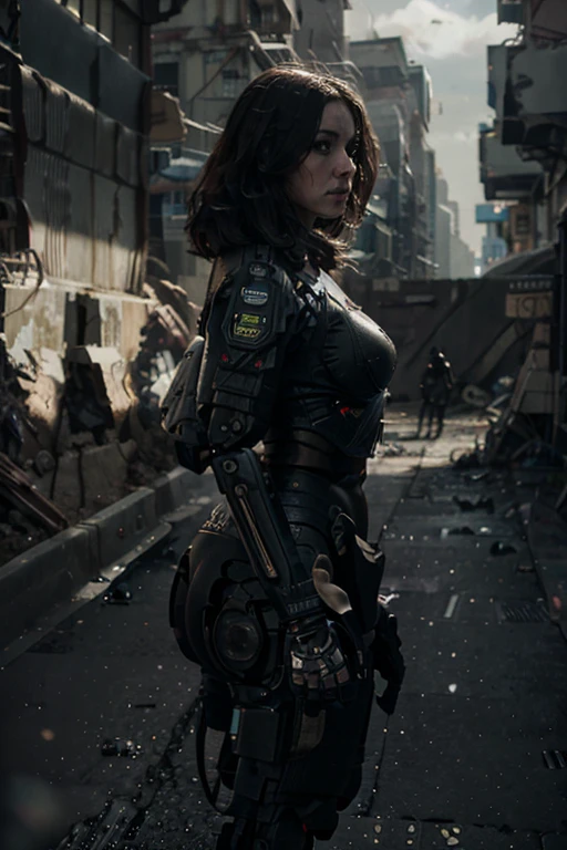 a chubby woman, android, battle machine, pale human face, short dark brown hair, full body, standing, robotic body, (best quality, 4k, 8k, high resolution, masterpiece: 1.2), ultra-detailed, (realistic , photorealistic, photorealistic: 1.37), highly detailed face, intricate mechanical details, advanced robotics, dynamic pose, cinematic lighting, dark and moody atmosphere, science fiction, cyberpunk, walking through a destroyed city in broad daylight