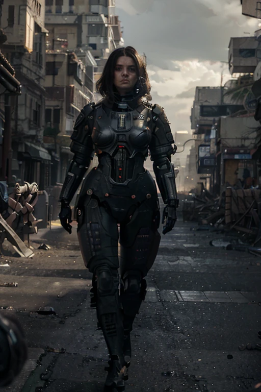 a chubby woman, android, battle machine, pale human face, short dark brown hair, full body, standing, robotic body, (best quality, 4k, 8k, high resolution, masterpiece: 1.2), ultra-detailed, (realistic , photorealistic, photorealistic: 1.37), highly detailed face, intricate mechanical details, advanced robotics, dynamic pose, cinematic lighting, dark and moody atmosphere, science fiction, cyberpunk, walking through a destroyed city in broad daylight