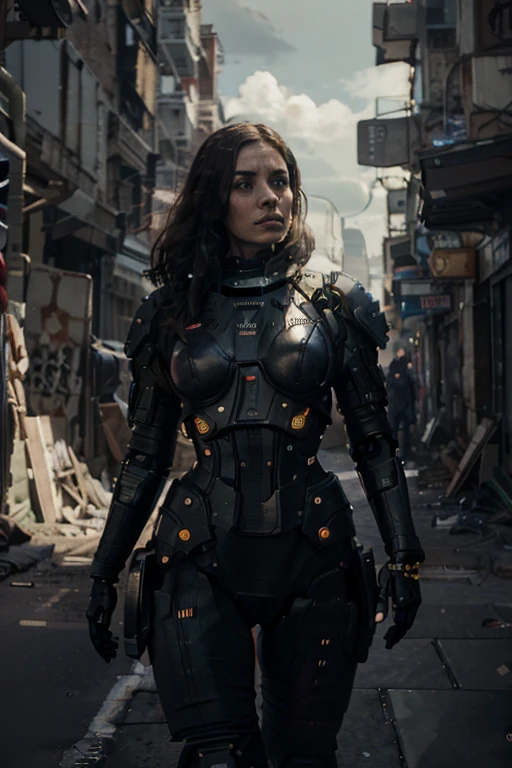 a chubby woman, android, battle machine, pale human face, short dark brown hair, full body, standing, robotic body, (best quality, 4k, 8k, high resolution, masterpiece: 1.2), ultra-detailed, (realistic , photorealistic, photorealistic: 1.37), highly detailed face, intricate mechanical details, advanced robotics, dynamic pose, cinematic lighting, dark and moody atmosphere, science fiction, cyberpunk, walking through a destroyed city in broad daylight