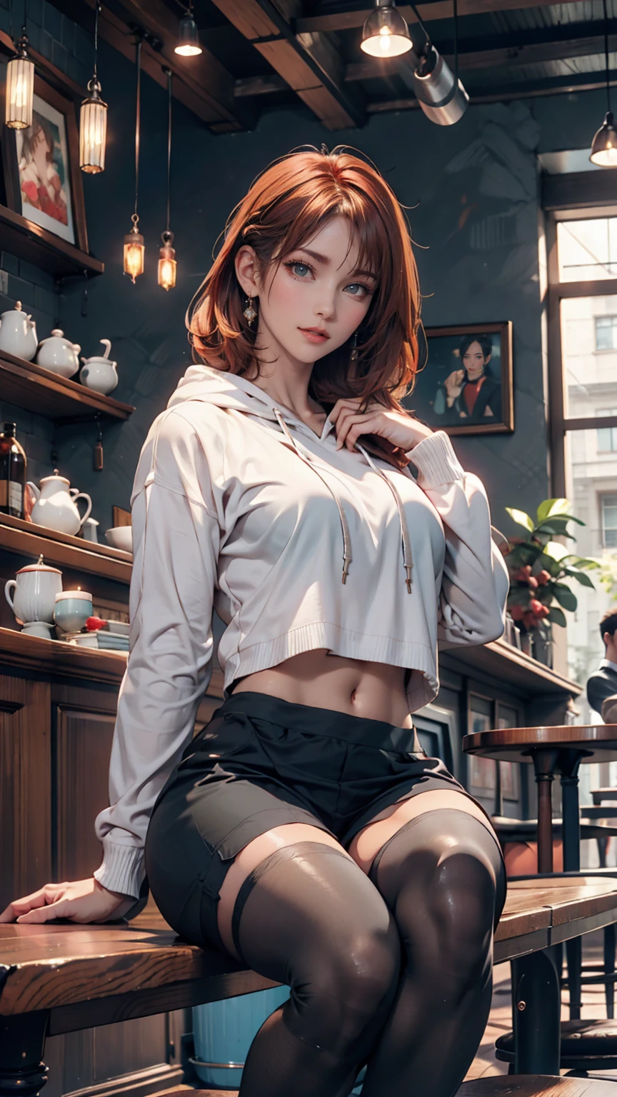 1 girl, Red hair, updo hairstyle, streaks of hair in face, red eyes, mascara, oversized hoodie, midriff, hot pants, tights, laced tights, bags under eyes, sitting, coffee shop, ground angle shot, viewer looking up, feet in tights,  saggy tits, chocker, raw photography, 8k, masterwork,