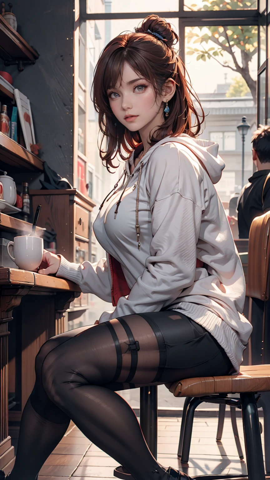 1 person, Redhead, Updo, He has hair growing in streaks on his face., Red eyes, mascara, Oversized hoodie, abdomen, hot pants, tights, laced tights, Sagging under the eyes, Sitting, coffee shop, Ground angle shot, Viewers looking up, feet in tights, Saggy breasts, impact, RAW Photos, 8k, masterpiece,