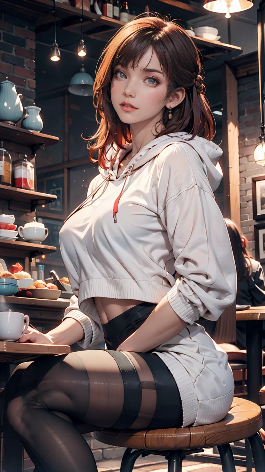 1 person, Redhead, Updo, He has hair growing in streaks on his face., Red eyes, mascara, Oversized hoodie, abdomen, hot pants, tights, laced tights, Sagging under the eyes, Sitting, coffee shop, Ground angle shot, Viewers looking up, feet in tights, Saggy breasts, impact, RAW Photos, 8k, masterpiece,