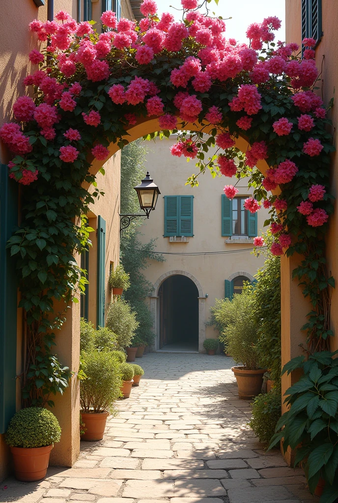 Entrance to an alley in Provence. Bougainvillea in arch decorating entrance. Typical cheese factory.Foggy Filter. Photographer David Hamilton's style.