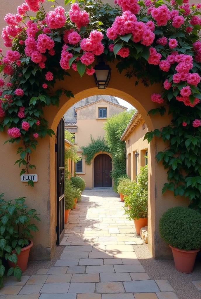 Entrance to an alley in Provence. Bougainvillea in arch decorating entrance. Typical cheese factory.Foggy Filter. Photographer David Hamilton's style.