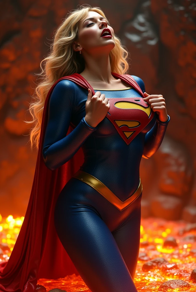 A SEXY FEMALE WEARING A TIGHT FORM FITTING BLUE LATEX SUPERGIRL COSTUME WITH A LARGE "S" EMBLEM ON HER CHEST AND A LONG RED LEATHER SUPERGIRL CAPE SITTING IN SUBMERGED IN A POOL HOT LAVA IN A MAGMA CHAMBER, SEDUUCTIVELY POSING, ARCHED BACK MOANING AS SHE GRABS AND CUPS HER LARGE PLENTYFULL SUPERGIRL BOOBS. INCREDIBLEY DETAILED AND TEXTURED IN FULL 8K HD RESOLUTION.