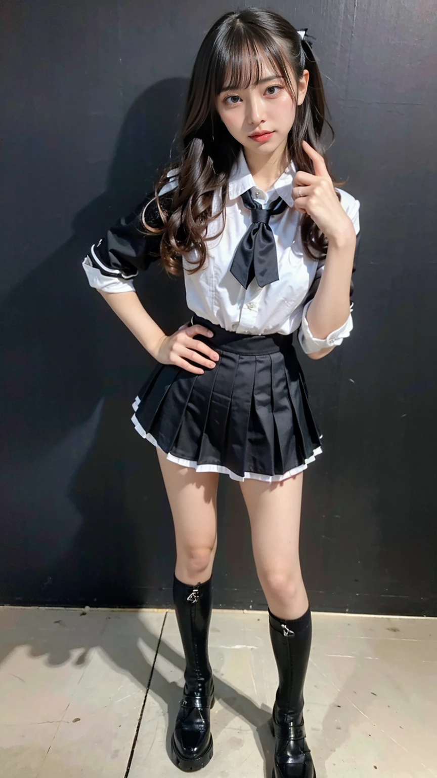 (8k、RAW Photos、Highest quality、masterpiece:1.2)、(Realistic、Realistic)、1 person、((View from the front、Black and white、Looking into the camera、check、boots、mini skirt、High school uniform、、Standing with one hand on hip、Frills、))、cute