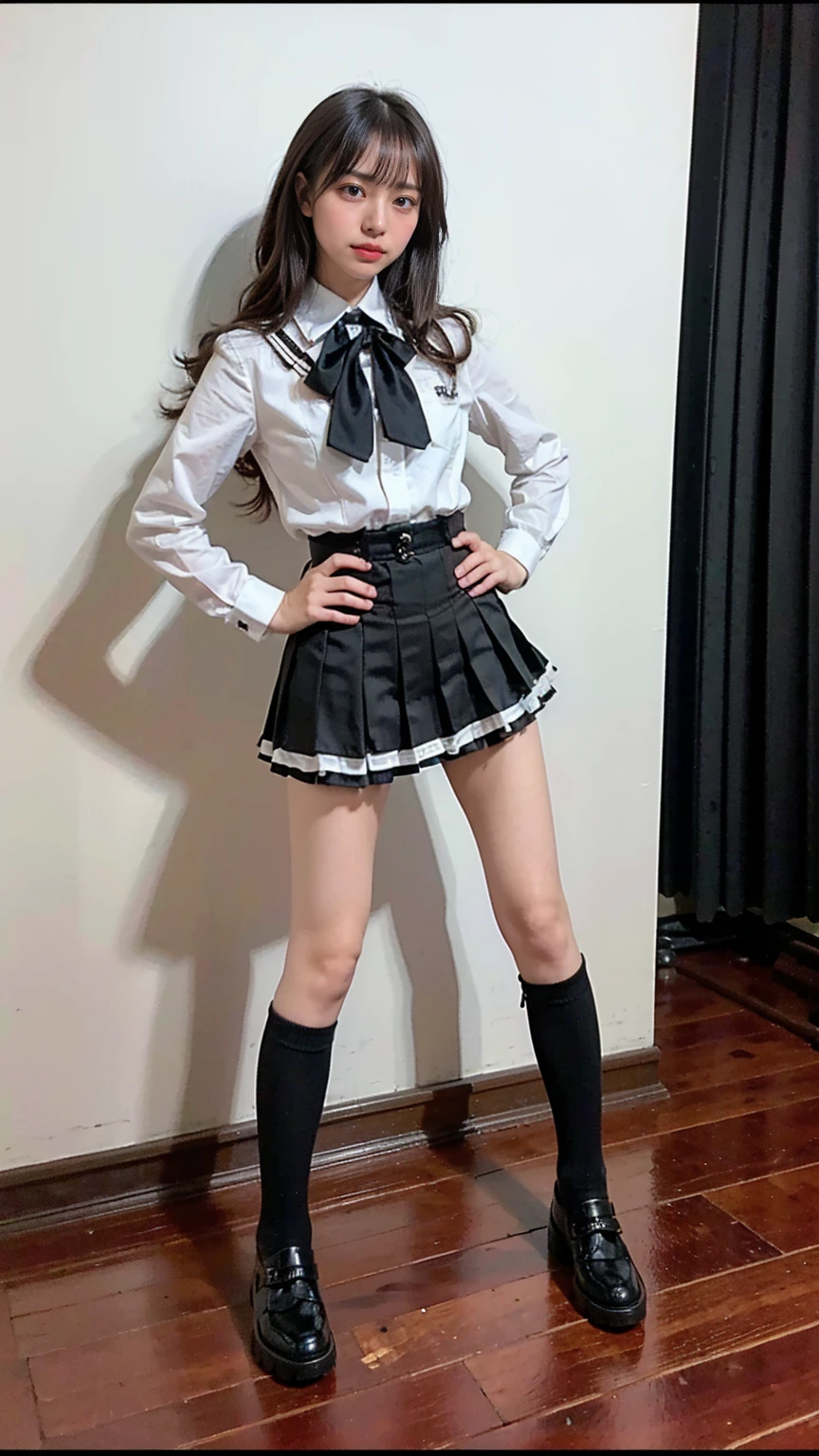 (8k、RAW Photos、Highest quality、masterpiece:1.2)、(Realistic、Realistic)、1 person、((View from the front、Black and white、Looking into the camera、check、boots、mini skirt、High school uniform、、Standing with one hand on hip、Frills、))、cute