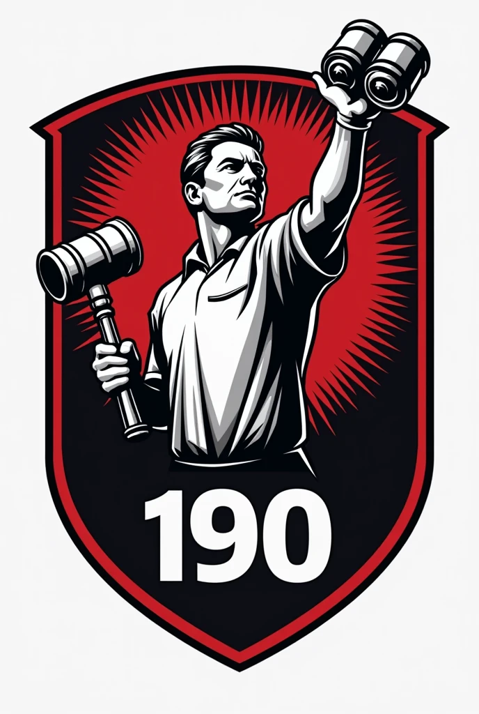 A football team crest with a referee&#39;s gavel and a referee&#39;s whistle, colors black, white and red, name 190.