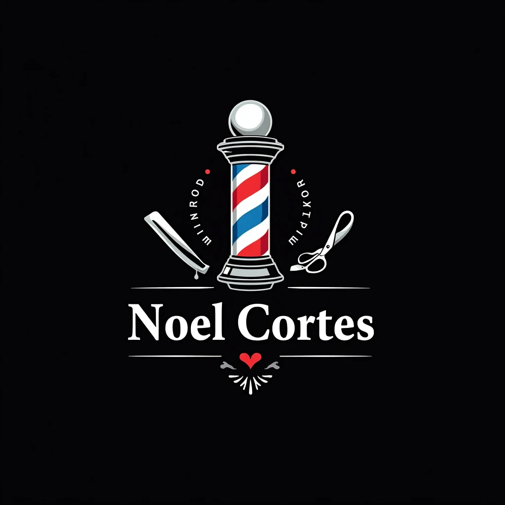 Faça uma logo de barbeiro com um símbolo 💈azul vermelho e branco escrita "Noel Cortes" with black background and detailed font with barber theme and some barber symbol behind 